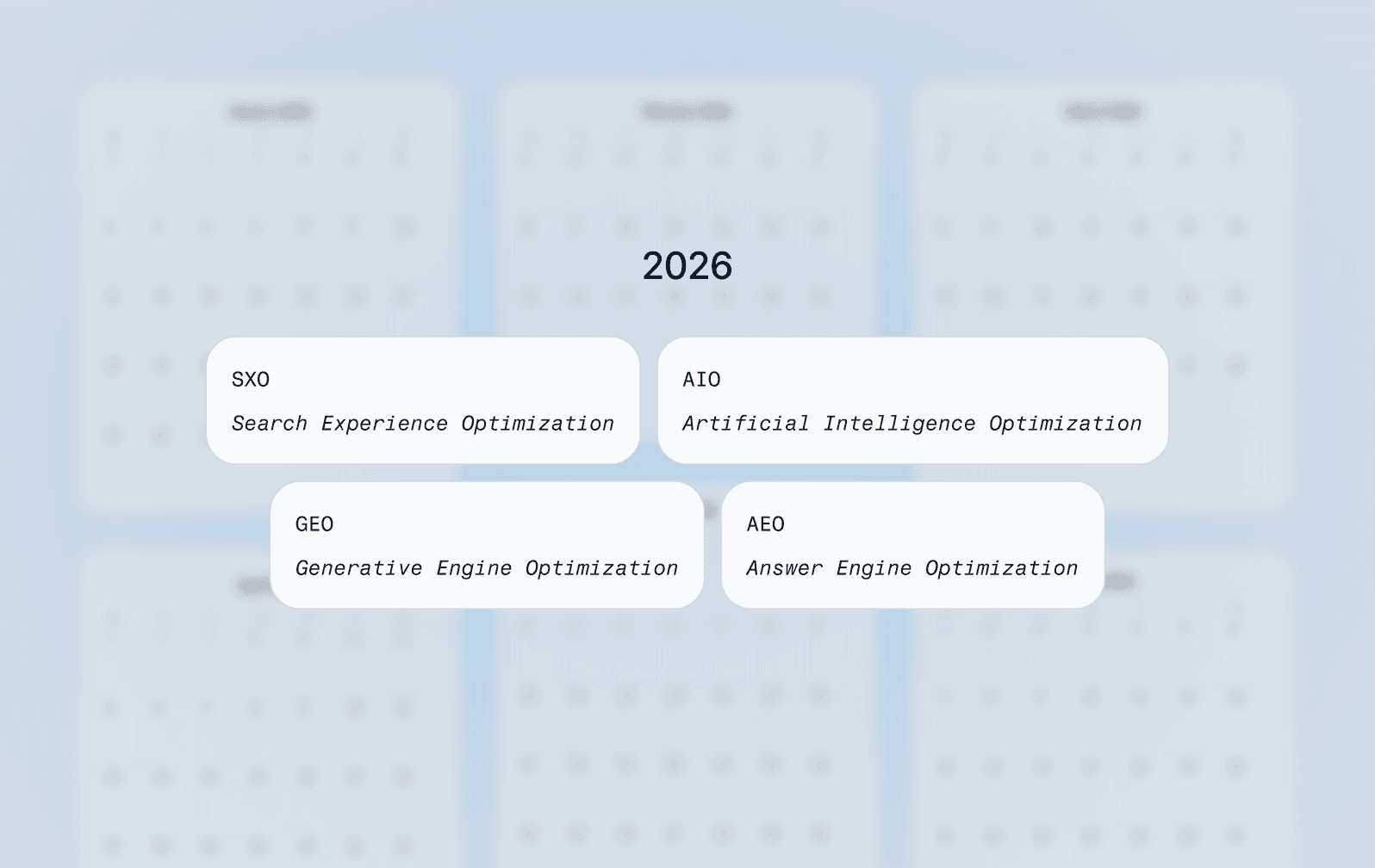 4 Rechtecke mit den Abkürzungen SXO, AIO, GEO und AEO auf dem Hintergrund des verschwommenen Kalenders 2026